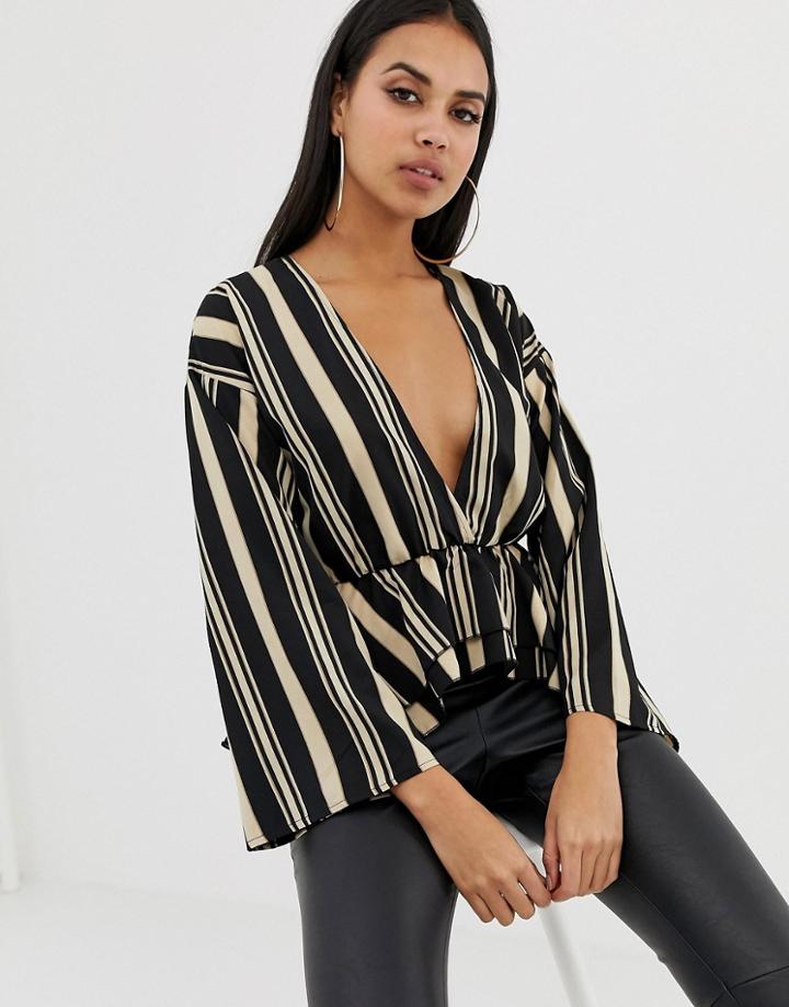 Prettylittlething Plunge Front Blouse With Layered Peplum Ruffle In Stripe - Multi