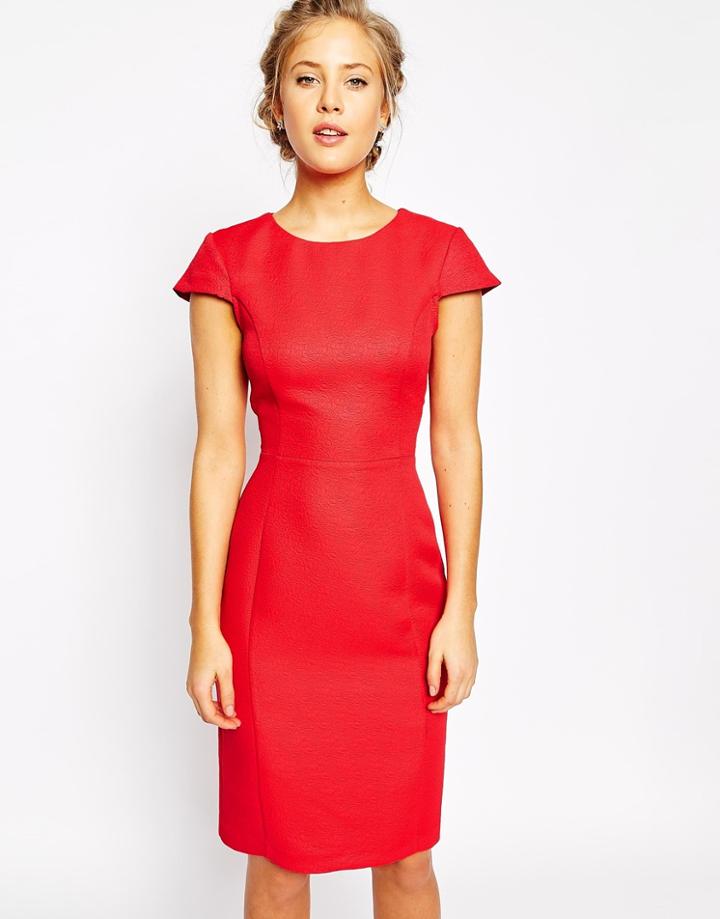 Oasis Jaquard Pencil Dress - Red