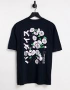 Only & Sons Oversized T-shirt With Japanese Text And Floral Back Print In Dark Gray-grey