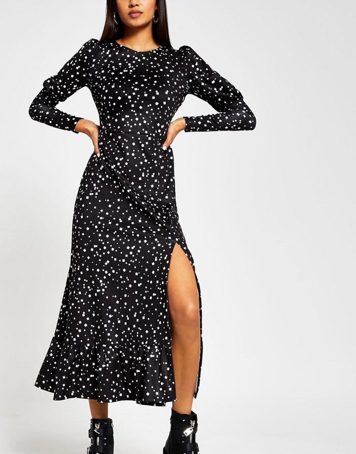 River Island Gathered Sleeve Dotted Midi Dress In Black