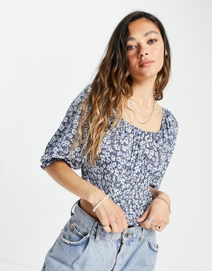 Only Crop Blouse With Shirred Waist And 3/4 Sleeve In Blue Floral-multi
