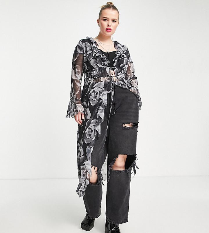 Asos Design Curve Midi Tie Front Cardigan In Grunge Floral Print - Part Of A Set-multi