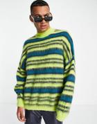 Asos Design Oversized Fluffy Stripe Sweater In Green