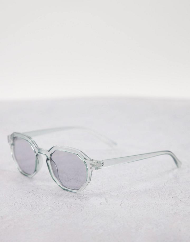 Asos Design Round Sunglasses In Crystal Gray With Pale Smoke Lens-grey