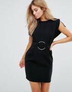 Asos Split Cap Sleeve Mini Dress With Modern Ring Belt - Black