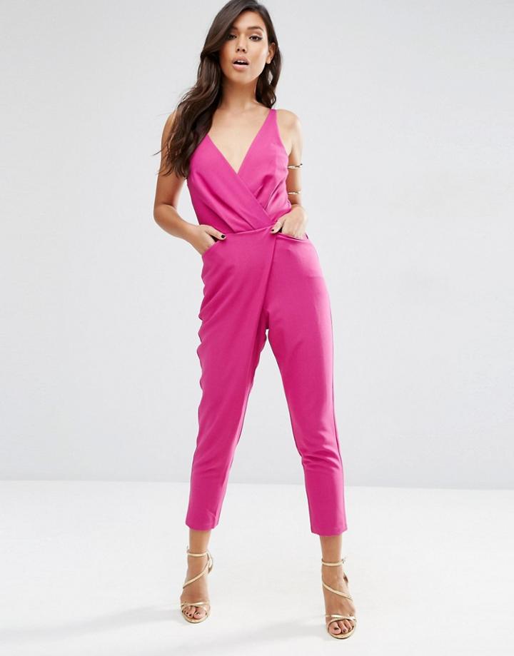 Asos Cami Wrap Jumpsuit With Peg Leg - Pink