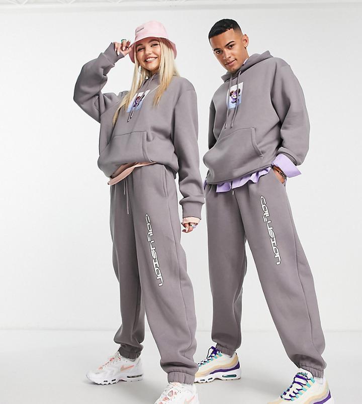 Collusion Unisex Sweatpants With Cute Print In Charcoal - Part Of A Set-gray