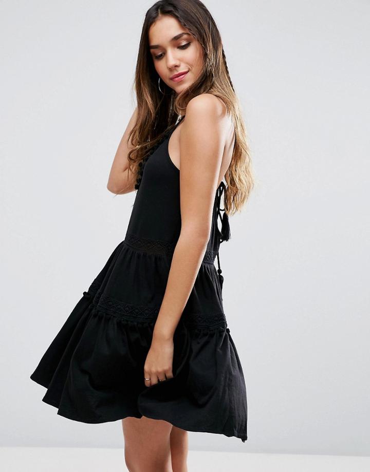Asos Sundress With Lace Inserts And Pom Poms - Black