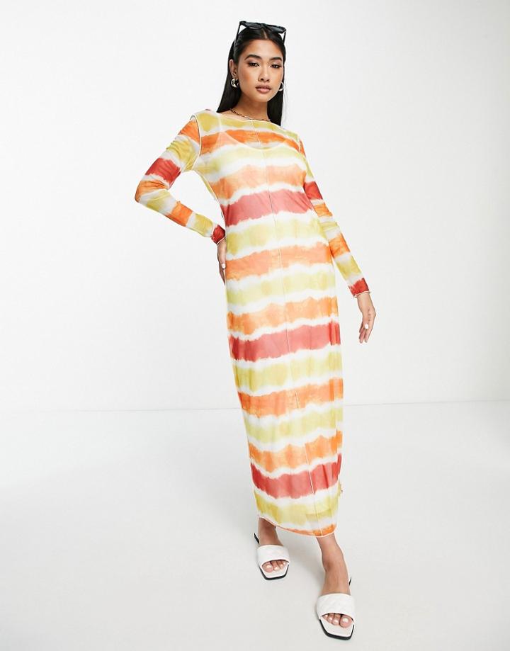 Vila Mesh Midi Dress In Tie Dye Orange Stripe