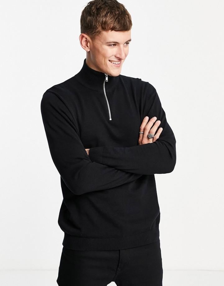 Jack & Jones Essentials Quarter Zip Sweater In Black