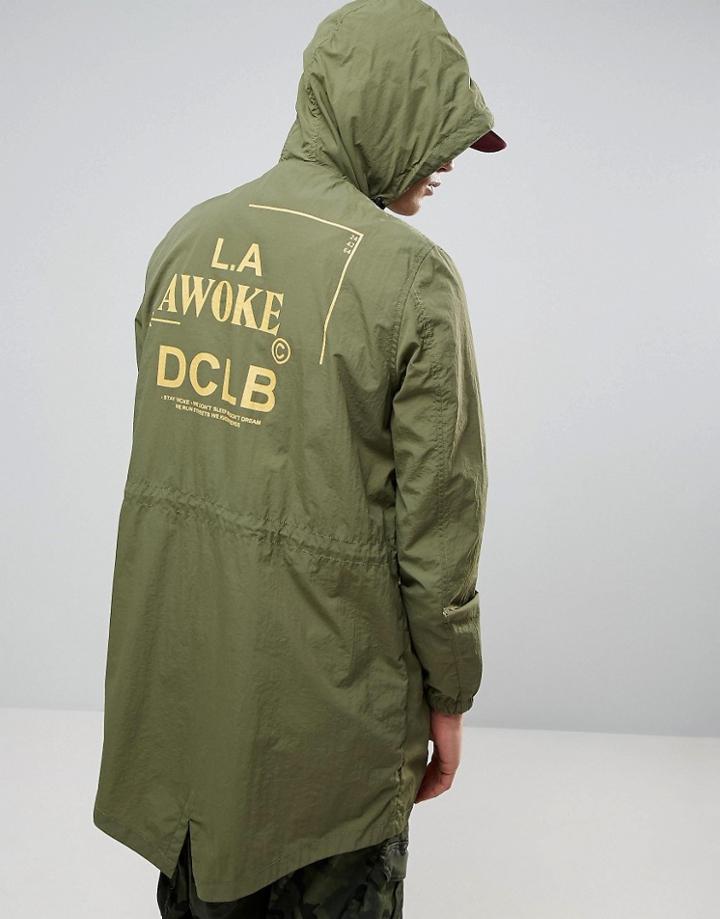 Asos Parka Jacket With Back Print In Khaki - Green
