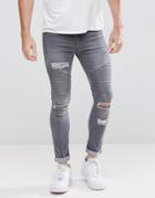 Boohooman Skinny Biker Jeans With Rips In Gray Wash - Gray