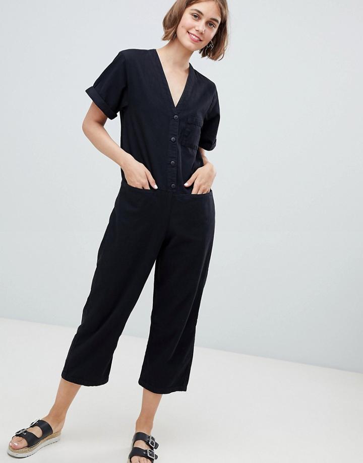 Monki Denim V Button Front Jumpsuit - Black