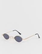 Asos Design Mini Oval Sunglasses With Nose Bridge Detail In Gold With Smoke Lenses - Black