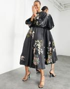 Asos Edition Satin Floral Embroidered Blouson Midi Dress In Black