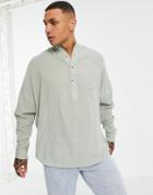 Asos Design Oversized Pullover Shirt With Grandad Collar In Cheesecloth In Sage Green