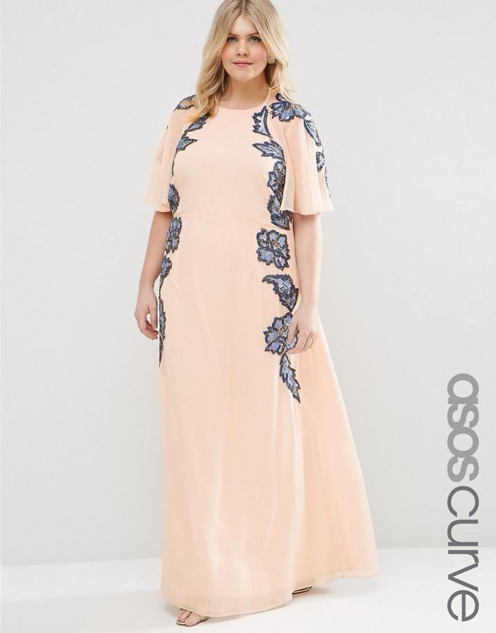 Asos Curve Embellished Flutter Sleeve Maxi Dress - Nude