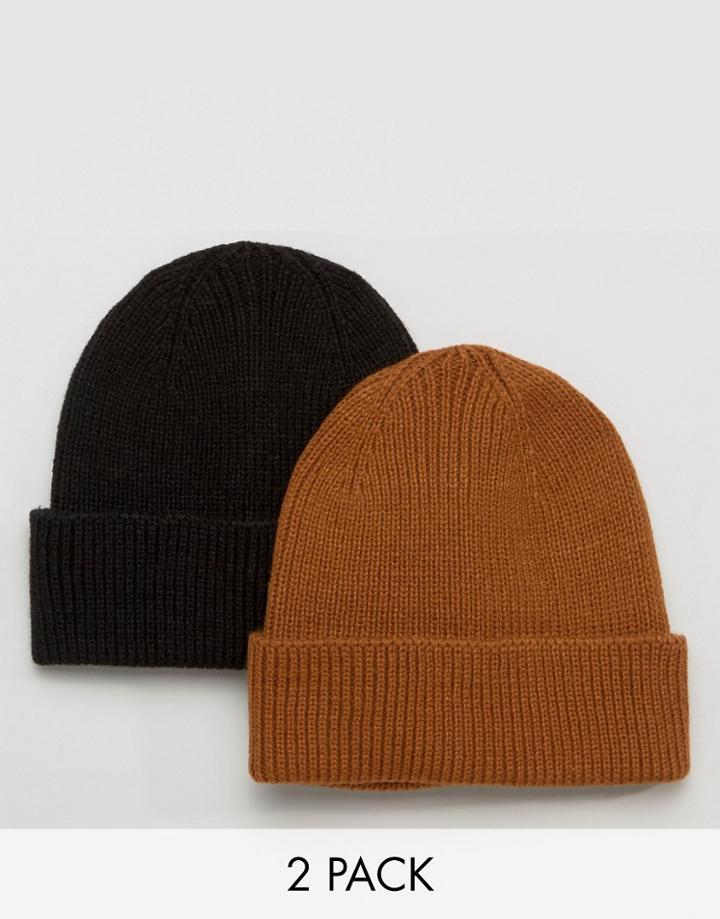 Asos Fisherman Beanie 2 Pack In Black And Tobacco - Multi