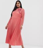 Little Mistress Plus Lace Embroidered Top Midaxi Skater Dress In Orange
