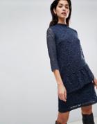 Vila High Neck Lace Midi Dress With Asymmetric Ruffle In Navy