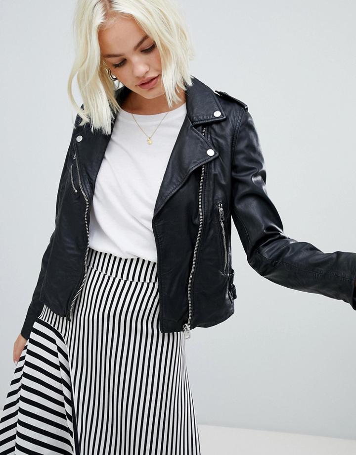Pull & Bear Leather Biker Jacket In Black - Black