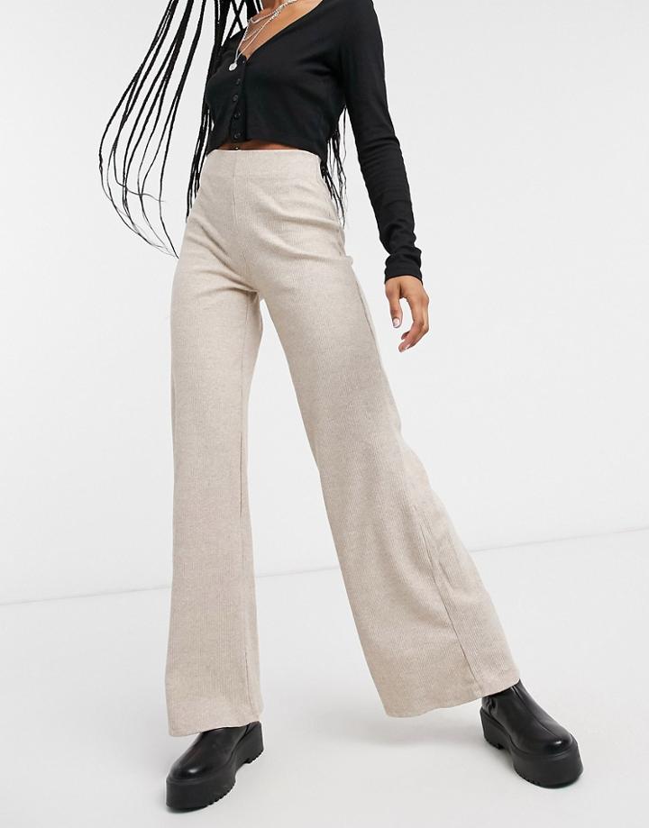Bershka Ribbed Flare Pants In Ecru-white