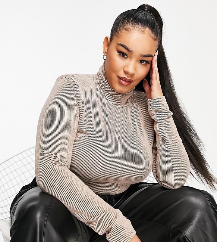 I Saw It First Plus Contrast Roll Neck Top With Shoulder Pad In Camel-brown