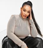 I Saw It First Plus Contrast Roll Neck Top With Shoulder Pad In Camel-brown