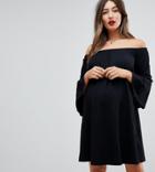 Asos Maternity Off Shoulder Mini Dress With Trumpet Sleeve - Black