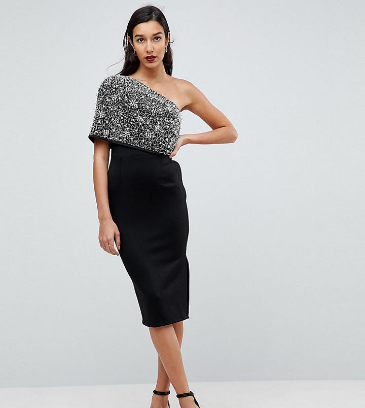 Asos Tall Scattered Embellished One Shoulder Scuba Midi Pencil Dress - Multi
