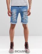 Liquor & Poker Slim Extreme Rips Denim Shorts In Stonewash Blue - Stonewash Blue