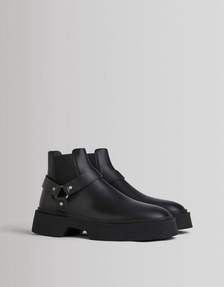 Bershka Chunky Chelsea Boot With Harness In Black