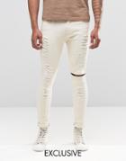 Liquor & Poker Skinny Jeans Biker Zip Distressed Ecru - Stone