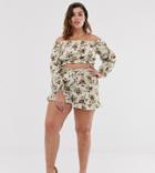 In The Style X Dani Dyer Plus High Waist Paperbag Short In Cream Floral-multi