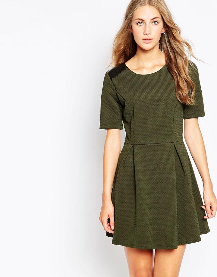 Wal G Pleated Skater Dress With Pu Inserts - Khaki