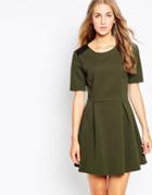Wal G Pleated Skater Dress With Pu Inserts - Khaki