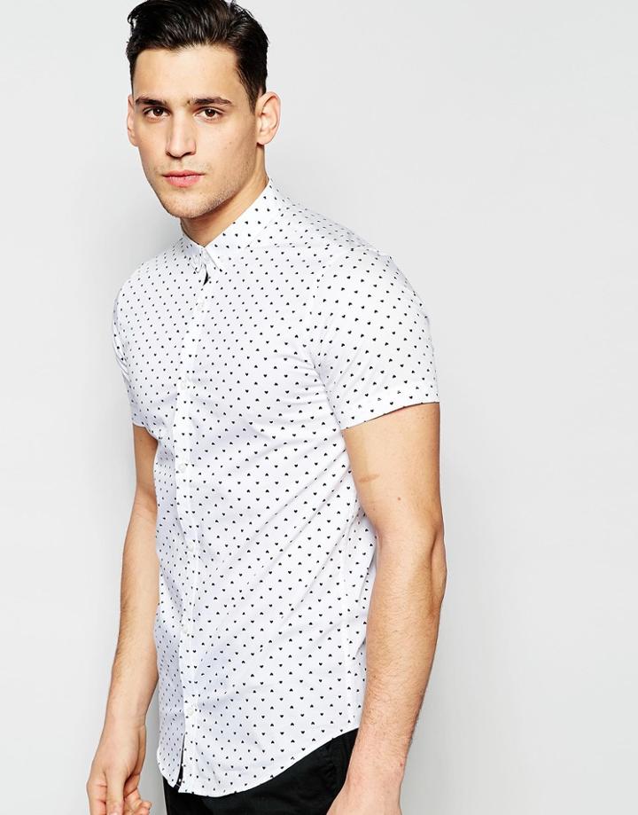 Vito Short Sleeve Shirt With All Over Heart Print - White