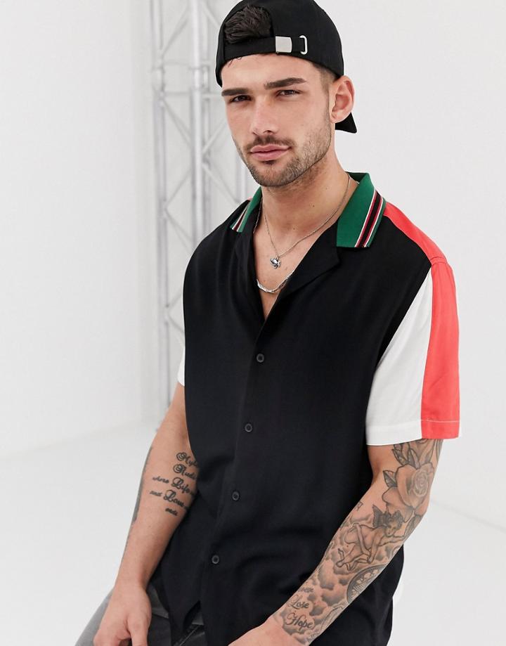 Asos Design Regular Fit 90's Style Viscose Shirt With Rib Collar & Cuffs In Black-cream
