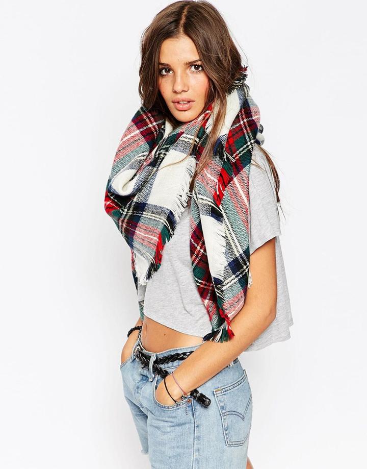 Asos Oversized Square Scarf In White Based Check - White