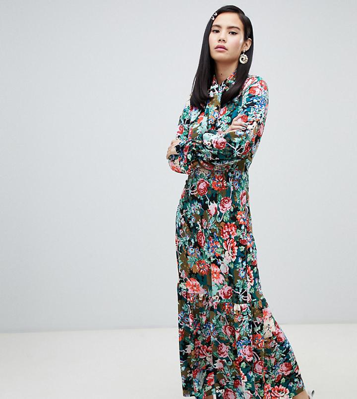 Monki Floral Print High Neck Maxi Dress In Blue