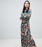 Monki Floral Print High Neck Maxi Dress In Blue