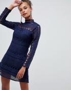 Parisian High Neck Long Sleeve Lace Skater Dress - Navy