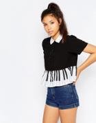 Lazy Oaf Short Sleeved Shirt With Frill Hem In Piano Print - Black
