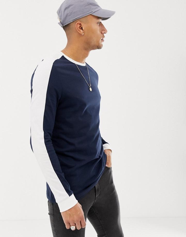 Asos Design Longline Long Sleeve T-shirt With Contrast Shoulder Panel In Navy
