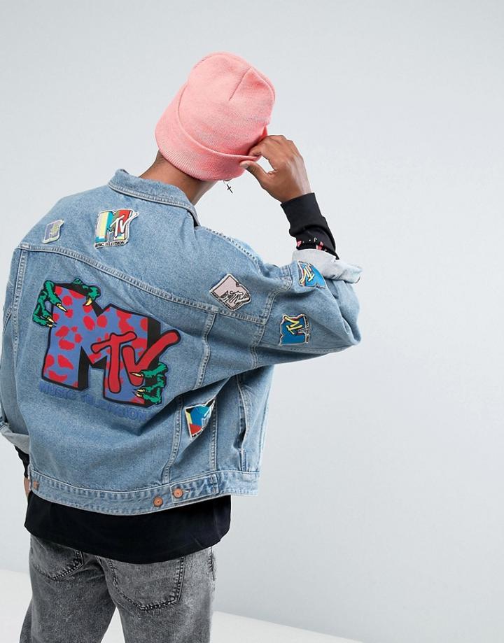 Asos X Mtv Oversized Denim Jacket With Embroidery - Blue