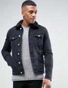 Asos Skinny Denim Jacket With Fleece Collar In Black Wash - Black