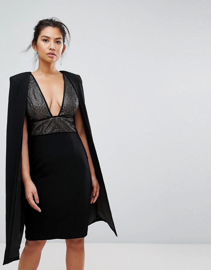 Misha Collection Structured Sequin Midi Dress With Cape Overlay - Black