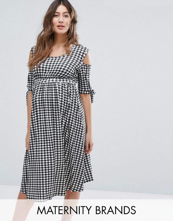 Bluebelle Maternity Gingham Skater Dress With Cold Shoulder - Black