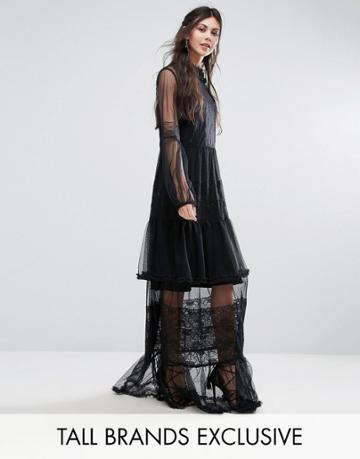 White Cove Tall Lace Crochet Full Prom Maxi Dress - Black