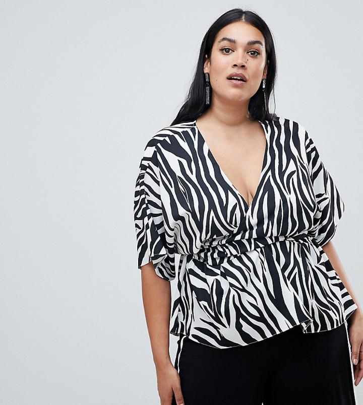 Asos Design Curve Wrap Top With Kimono Sleeve In Zebra Animal Print-multi